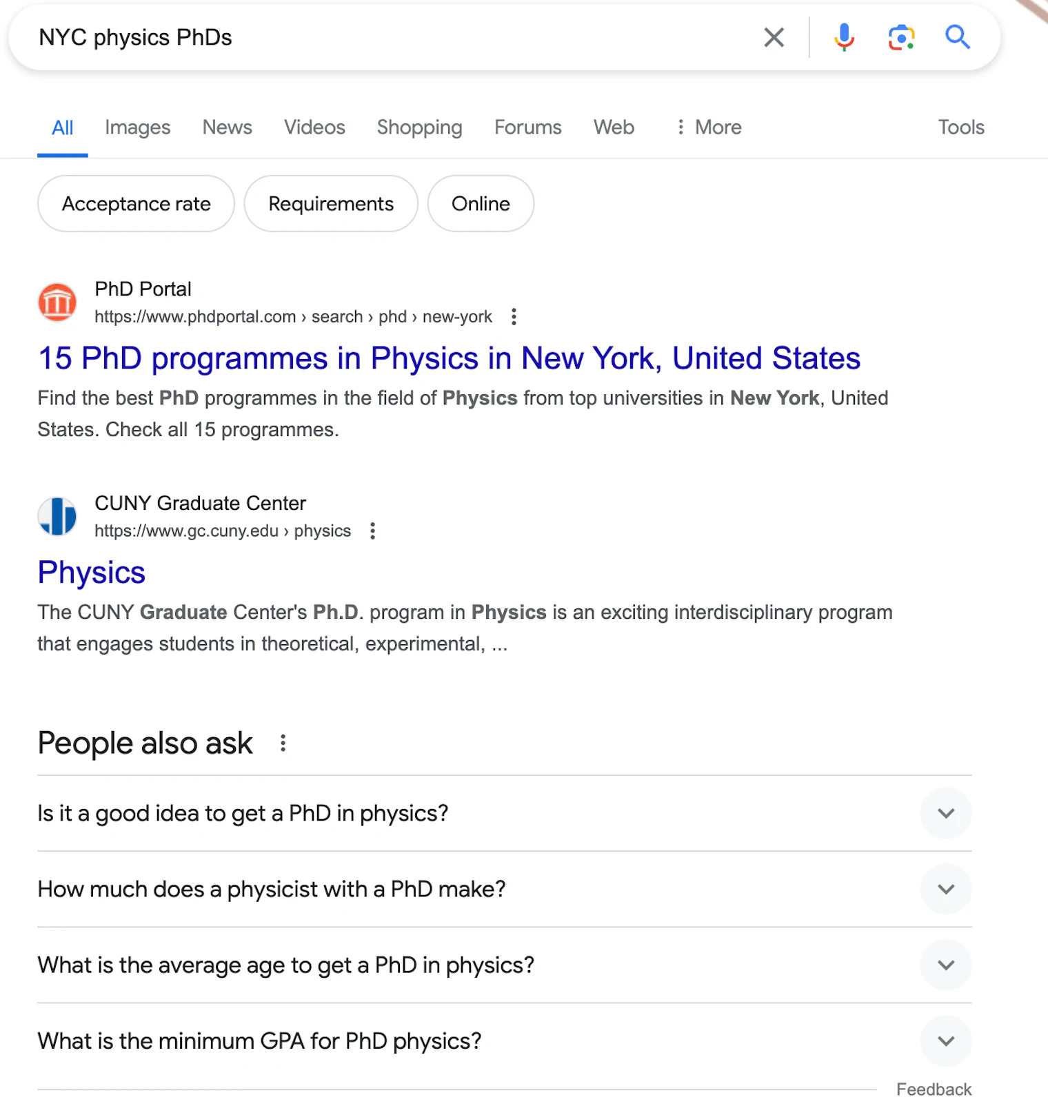 Google search for physics phds in NYC