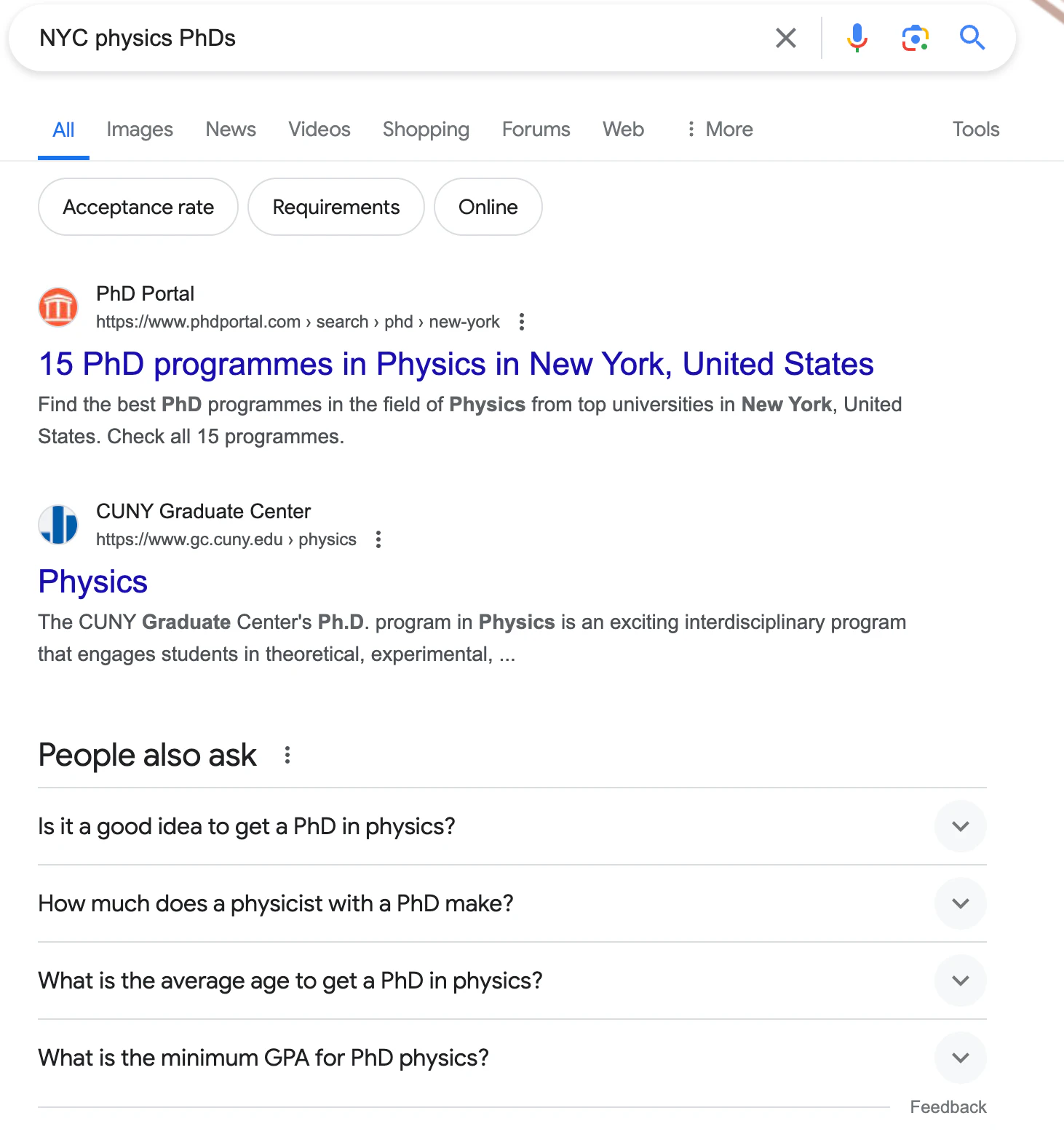 Google search for physics phds in NYC
